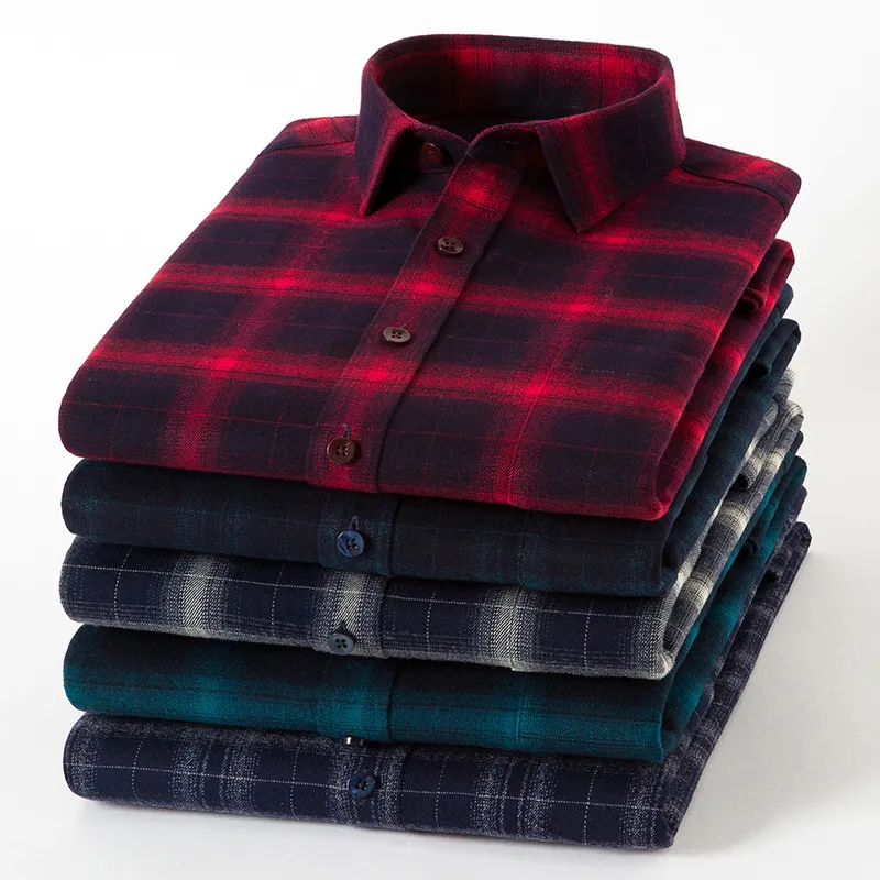 Mens Plaid 100% Cotton High Quality Business Casual Long Sleeve Male Social Dress Flannel Shirts